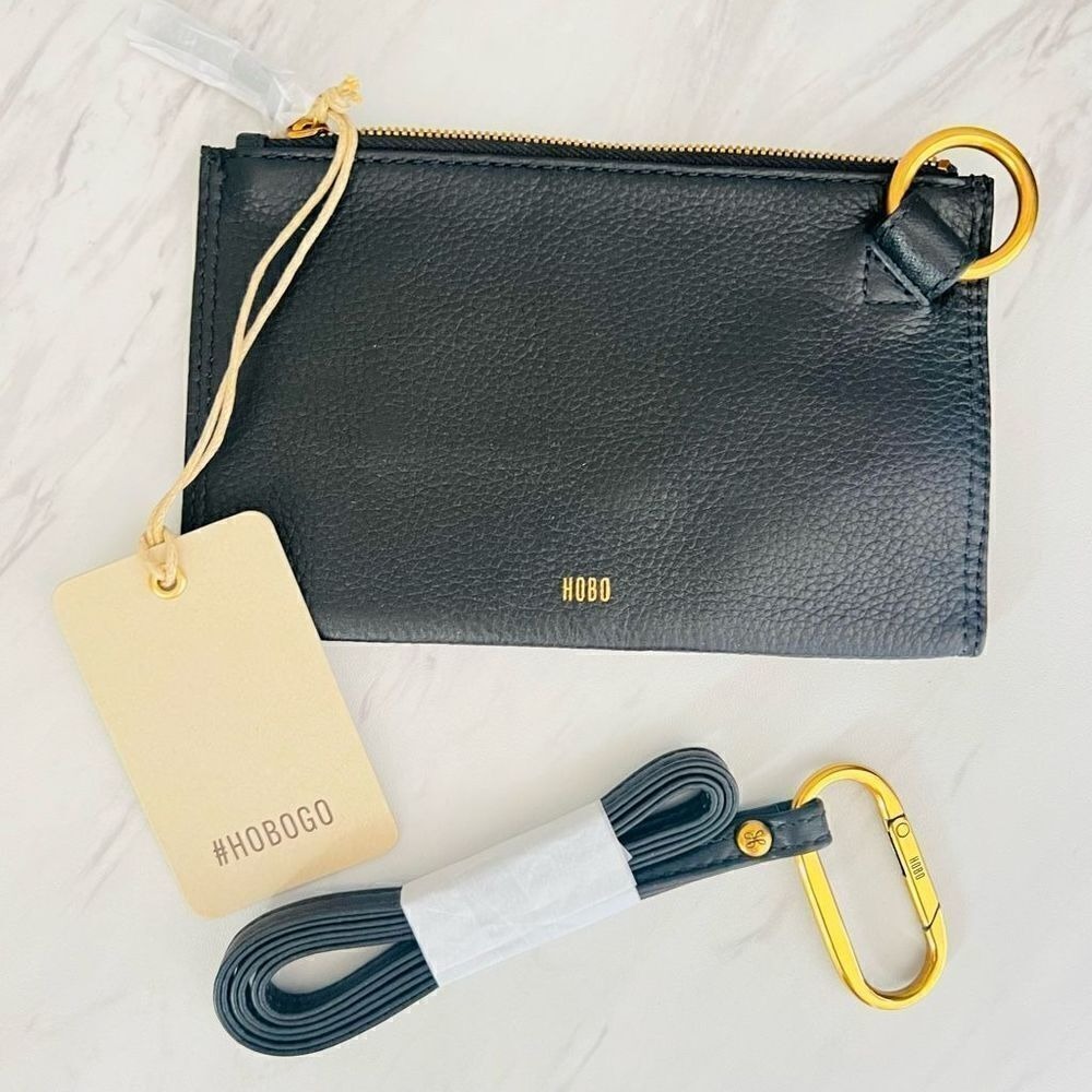 HOBO GO Tour Leather Zip Pouch Bag, Wristlet, with Lanyard, Black/Gold, NWT‎